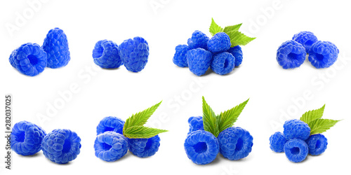 Set of fresh sweet blue raspberries on white background. Banner design
