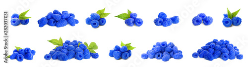 Set of fresh sweet blue raspberries on white background. Banner design