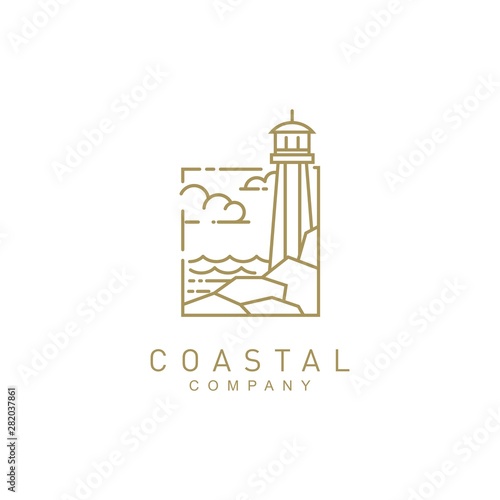 Coastal beach with lighthouse logo design vector template