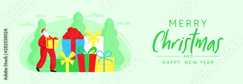 Merry Christmas horizontal banner. Vector illustration. Holiday concept in flat style. Christmas Santa Claus carries yellow gift box. Happy New Year card.