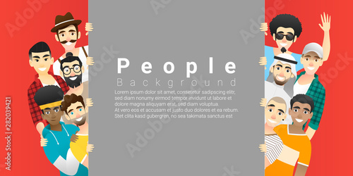 Diversity concept background , group of happy multi ethnic men standing behind empty board , vector , illustration