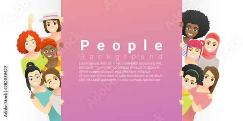Diversity concept background , group of happy multi ethnic women standing behind empty board , vector , illustration