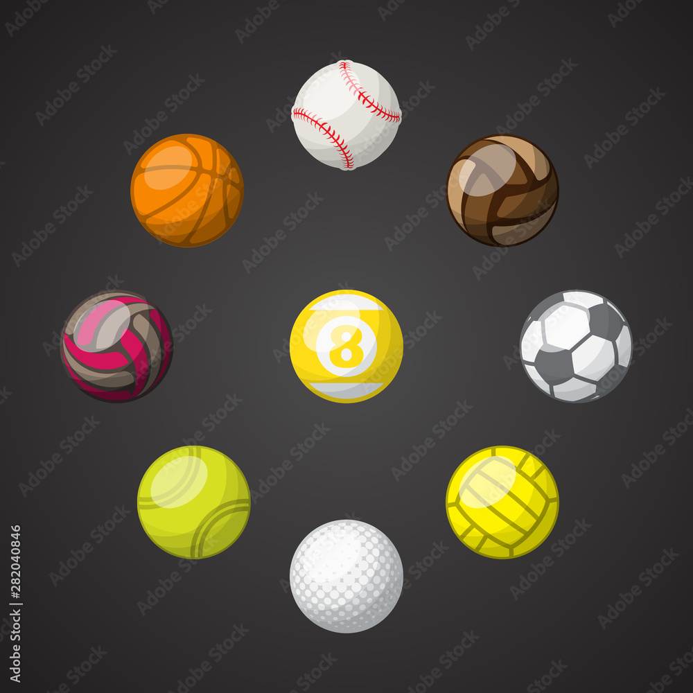 Set of different color sport balls isolated on dark background