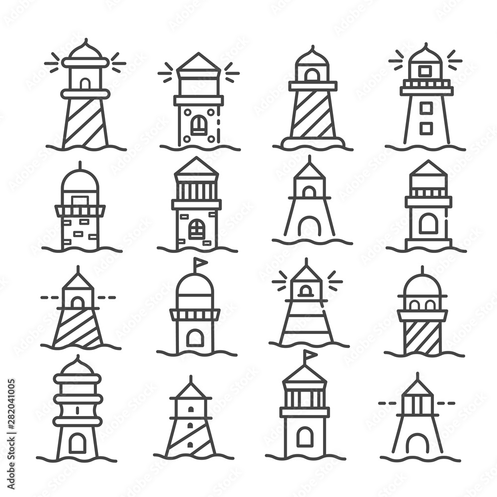 Simple set of lighthouse icons outline isolated on white background