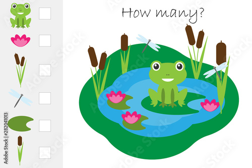 How many counting game, pond with frog for kids, educational maths task for the development of logical thinking, preschool worksheet activity, count and write the result, vector illustration
