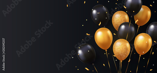 Celebration, festival background with helium balloons. Greeting banner or poster with gold and black realistic 3d vector flying balloons. Celebrate a birthday poster. Happy anniversary card.  photo