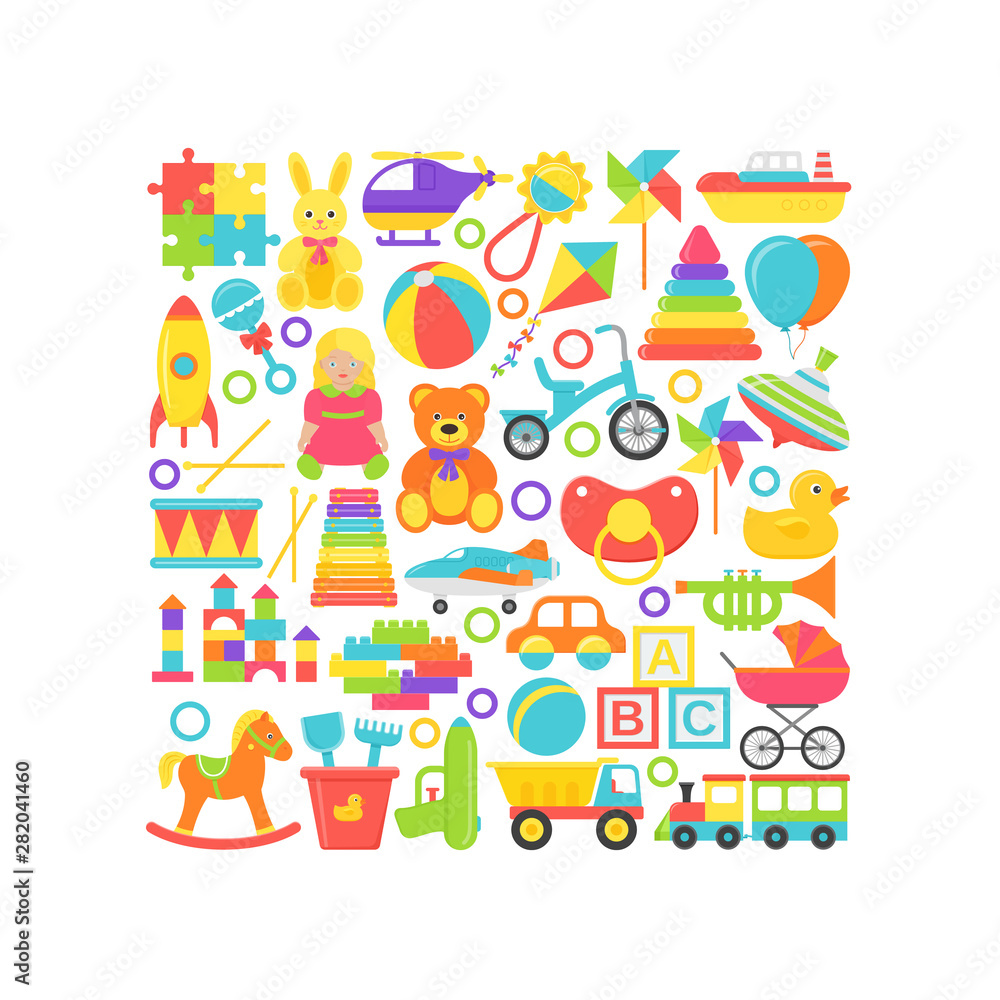 Baby toys print. Vector. Kids toy card in square shape. Set Baby stuff isolated on white background. Cartoon illustration. Cute children icons in flat design. Colorful banner. Baby toys print. Vector. Kids toy card in square shape. Set Baby stuff isolated on white background. Cartoon illustration. Cute children icons in flat design. Colorful banner.