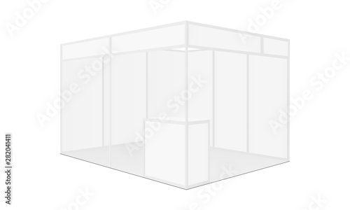 Exhibition booth mockup with table - side view. Vector illustration