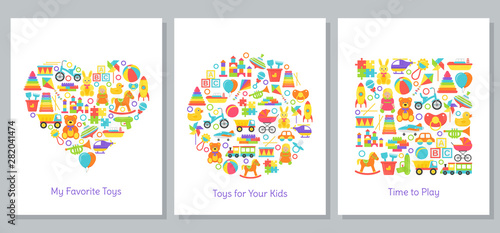 Baby toys cards stylized in shapes of heart, circle and square. Kids toy print. Vector. Set children icons isolated on white background. Cartoon illustration. Flat design. Cute colorful banner.