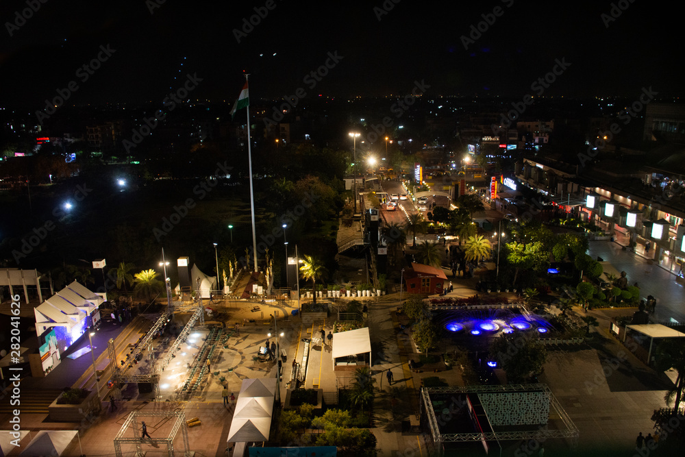 Aerial view landscape and cityscape of New delhi city from Select Citywalk shopping centre in night time at Saket District Center in New Delhi, India