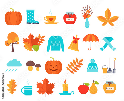 Autumn icon. Vector. Fall season. Cute autumnal elements with leaves, pumpkin, umbrella, rain. Flat design. Colorful cartoon illustration. Set orange yellow objects isolated on white background.