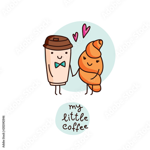 coffee and croissant, cute cartoon vector card