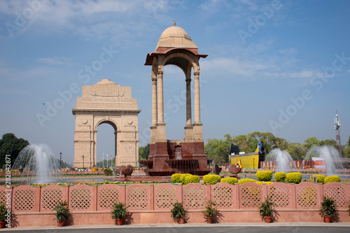 Indian people and foreign travelers walking travel visit india Gate originally called the All India War Memorial at city of Delhi on March 17, 2019 in New Delhi, India
