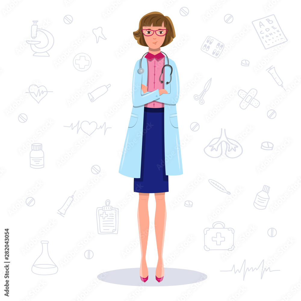 Adult chief doctor administrator female woman. Vector flat illustration color on white background with cardiology, surgery tools icons: heart cardiogram, pills, stethoscope, medical prescription Adult chief doctor administrator female woman. Vector flat illustration color on white background with cardiology, surgery tools icons: heart cardiogram, pills, stethoscope, medical prescription