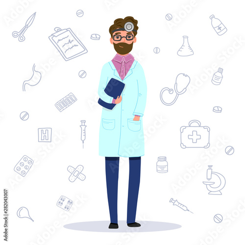 Adult male  ear nose throat ENT otolaryngologist doctor man in glasses from ORL clinic. Vector flat illustration colorful on white background with tools icons: pills, stethoscope, medical prescription