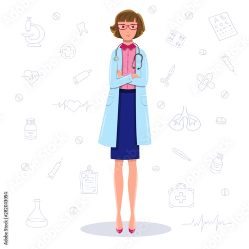 Adult chief doctor administrator female woman. Vector flat illustration color on white background with cardiology, surgery tools icons: heart cardiogram, pills, stethoscope, medical prescription