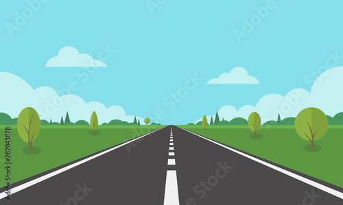 Road on background of natural landscape. Asphalt highway with markings in the countryside.