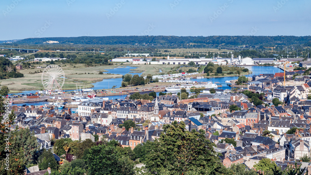 Aerial panoramic view of Honfleur from Plateau of Grace, centre of pilgrimage, place of tranquility and serenity. Travel France, Normandy.