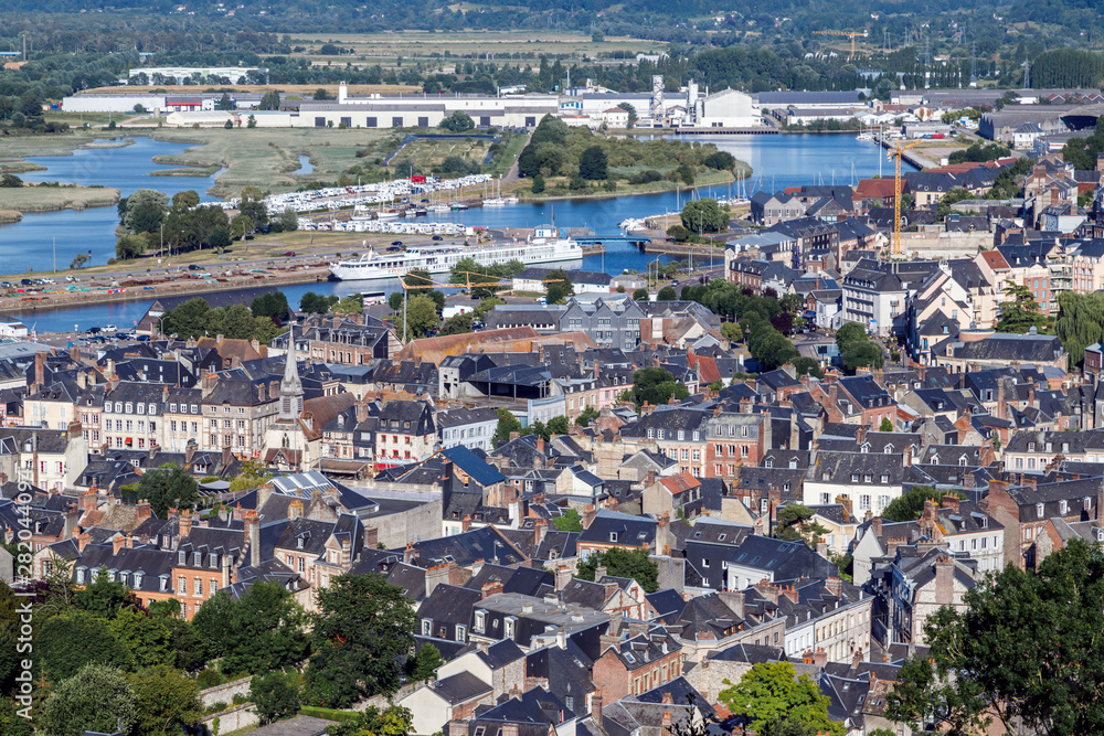 Aerial panoramic view of Honfleur from Plateau of Grace, centre of pilgrimage, place of tranquility and serenity. Travel France, Normandy.