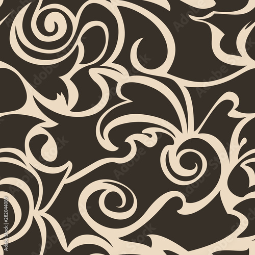 Brown seamless pattern of spirals and curls. Decorative ornament for background.