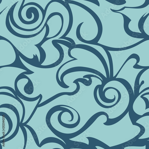 Bue seamless pattern of spirals and curls. Decorative ornament for background.
