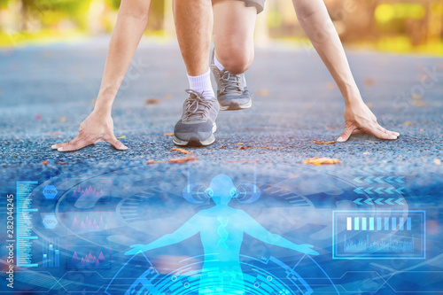 arm male touch floor start pose training run jogging exercise on track rubber in public park technology science and health medical science of doctor analyze DNA on hi tech future design background