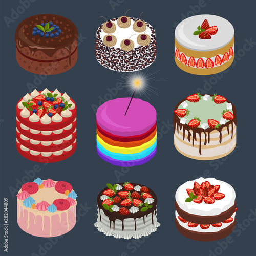 Collection of different cakes in isometric style. Cakes with strawberry  blueberries  blueberry  mint  chocolate  meringue  marshmallows  cherries