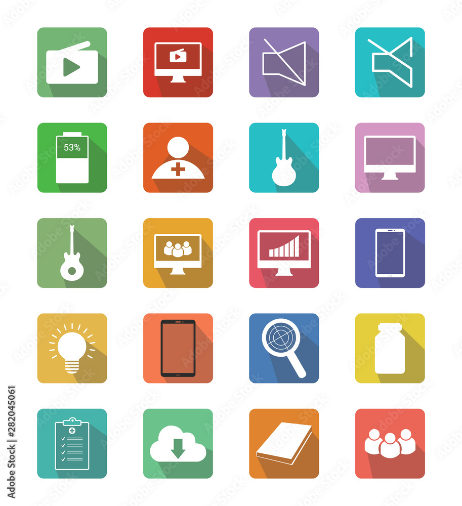 Flat business, video, user, sound,guitar, bulb, phone, checklist, and download icon vector illustration on color background