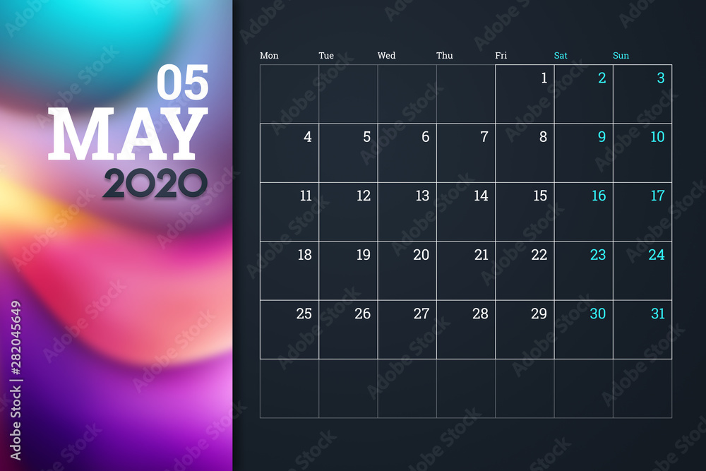 Calendar 2020, Month May, desk calendar design template with place for company logo. A4 horizontal orientation Calendar 2020, Month May, desk calendar design template with place for company logo. A4 horizontal orientation