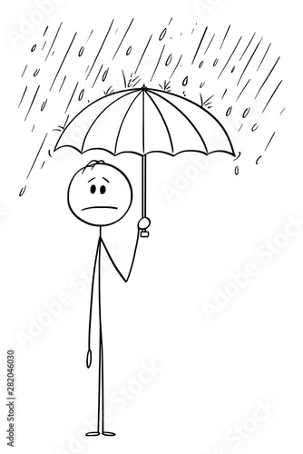 Vector cartoon stick figure drawing conceptual illustration of man or businessman standing in rain or Storm and holding umbrella. He is in safe and hidden from the crisis.