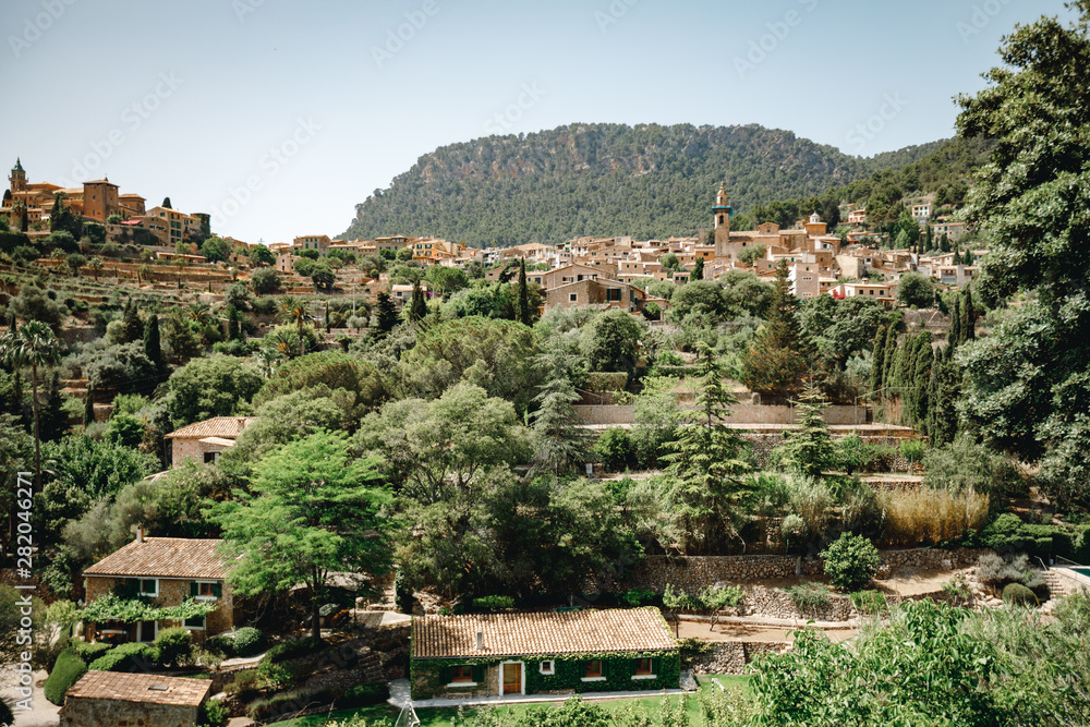 Panoramic fview on beatiful city in Spain - Valdemossa. Popular toristic destination in Spain. Valldemossa mountain city in Mallorca