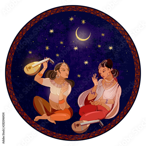 Princess Shakherezada to tell fairy tales in the moonlight night. One Thousand and One Nights. Women in national national ethnic clothes. Beautiful girls in harem.  Ancient culture of Islamic world