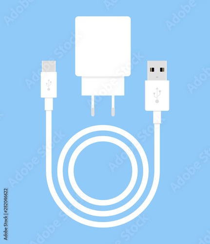 Charger for smartphone on blue background. Long white wire cable. Vector illustration