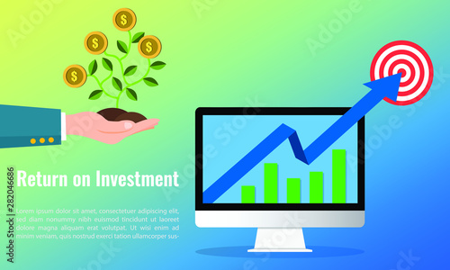 Vector illustration of business arrow target direction concept to success. Finance growth vision stretching rising up. banner flat style. Return on investment ROI. chart increase profit.