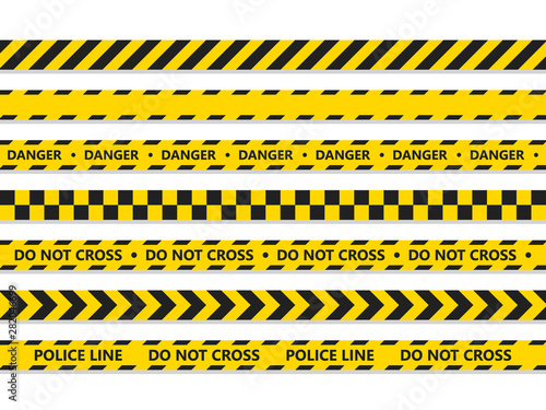 Crime line tape. Police danger caution vector yellow barrier. Not cross security line © antoniofrancois