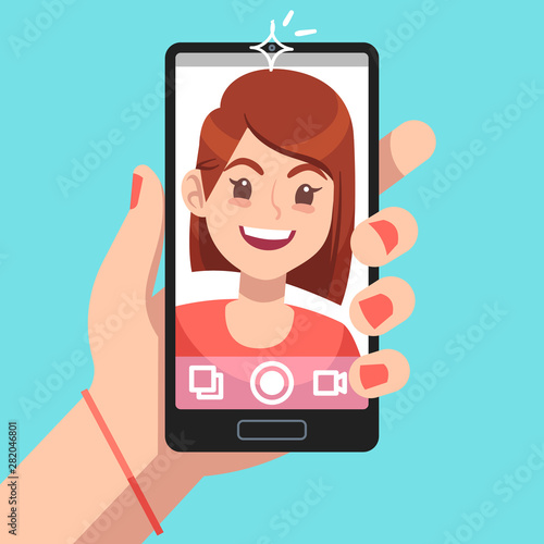 Woman selfie. Beautiful girl taking self photo face portrait on smartphone. Phone camera addiction cartoon vector concept