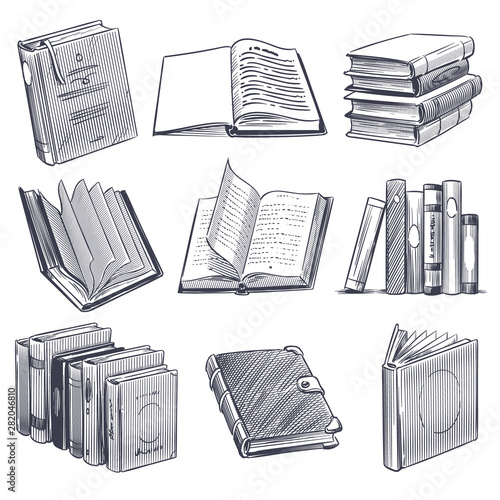 Hand drawn book. Retro sketch engraving monochrome notebooks. Library and bookstore elements, pile of old books vector set