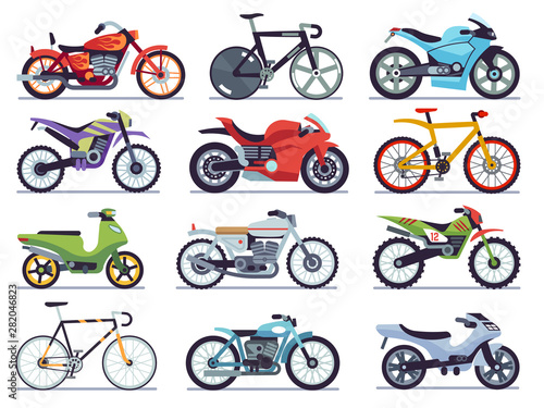 Motorbike set. Motorcycles and scooters, bikes and choppers. Speed race and delivery retro and modern vehicles flat vector collection photo