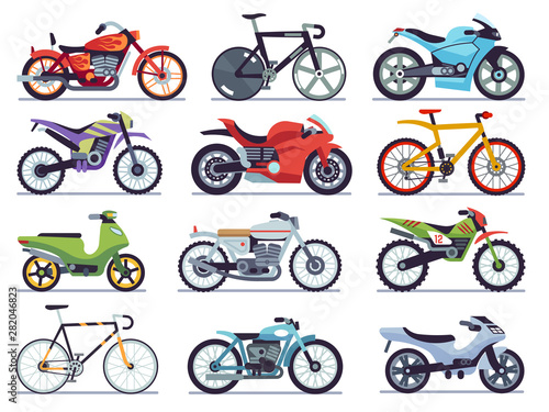 Motorbike set. Motorcycles and scooters, bikes and choppers. Speed race and delivery retro and modern vehicles flat vector collection