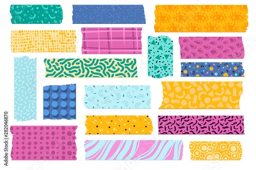 Washi tape. Japanese paper tapes for photo decoration, colorful patterns scotch strips. Torn fabric border stickers vector set