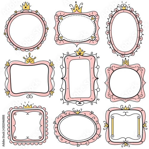Princess frames. Pink cute floral mirror frames with crown, kids certificate borders. Little girl birthday invitation card vector set