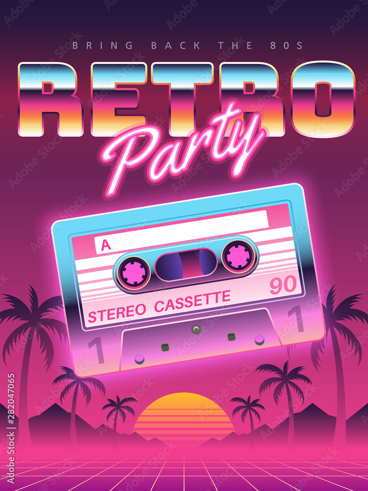 Cassettes poster. Retro disco party 80s, 90s banner, vintage audio