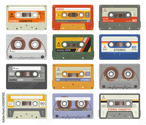 Retro cassettes. Colorful plastic audio cassette vintage media device music technology tapes stereo record images eighties. Vector set