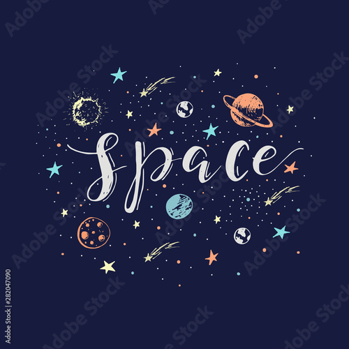 Space illustration with lettering and planets vector