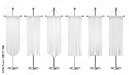 Hanging pennant. Blank white pennants banners, sports textile advertising flags, vertical canvas on flagpole vector mockups