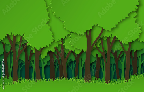 Paper forest. Green paper cut trees silhouettes, natural layered landscape. 3d origami ecosystem abstract vector concept