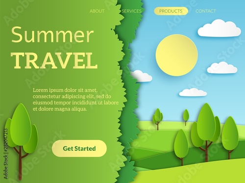 Travel landing page. holiday travelling mobile reservation web app design with paper recreation horizon landscape vector illustration