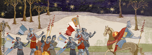 Medieval battle scene. Crusaders warriors and soldiers go to war. Holy Grail. Middle Ages, parchment style. Historical crusades. Ancient book vector illustration