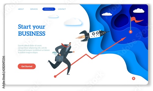 Startup landing. Web page or website for easy start up strategy creative project and internet starting your business vector concept with rocket