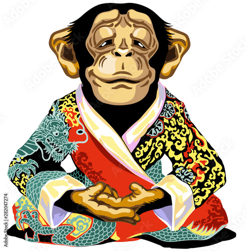cartoon chimp great ape or chimpanzee monkey wearing red kimono robe and sitting in lotus yoga pose. Meditating calm and peaceful emotion. Front view. Isolated vector illustration 
